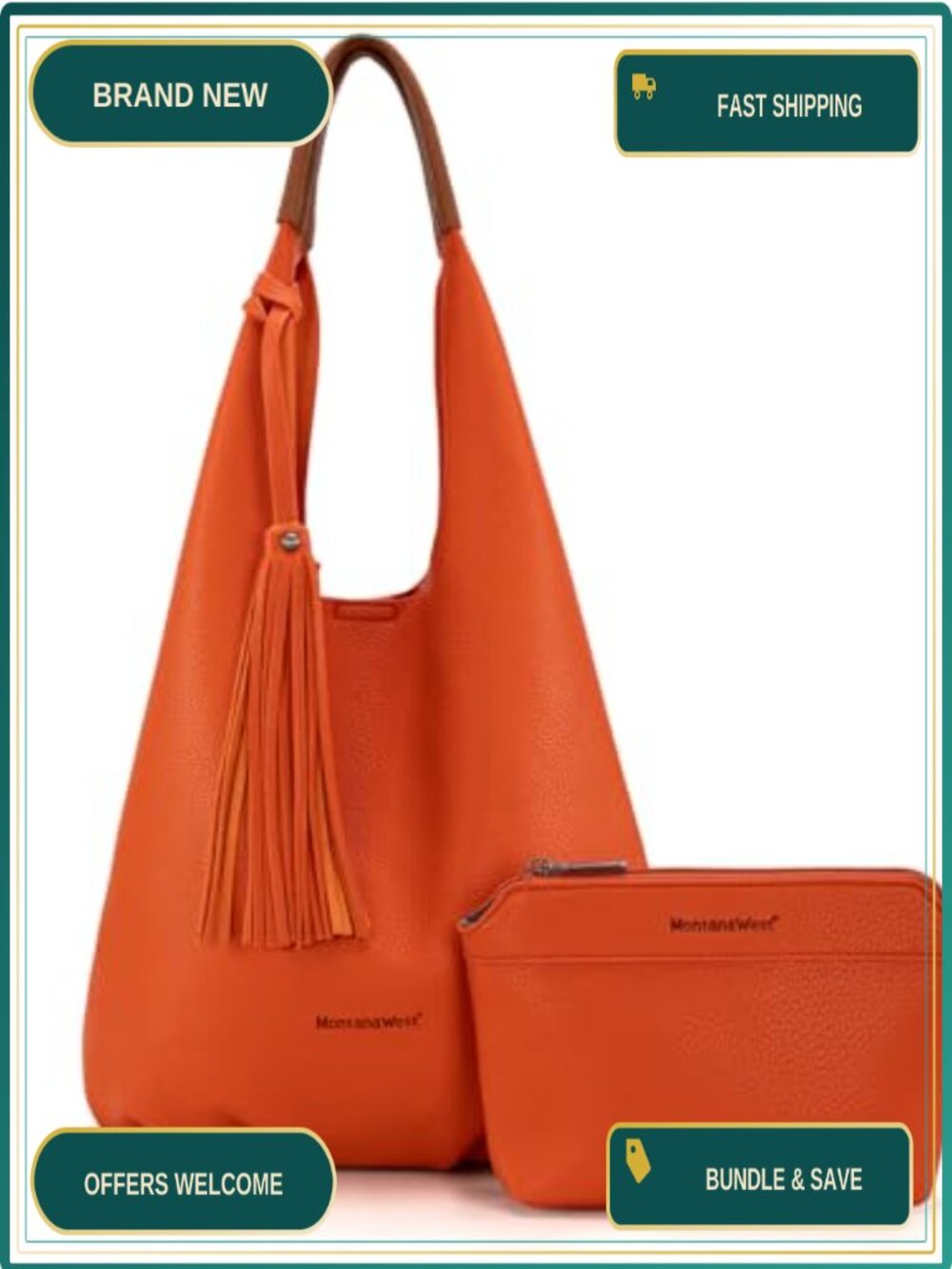 Vegan Leather Slouchy Hobo Bag 2PCS Tassel Shoulder Bag with Cosmetic Bag